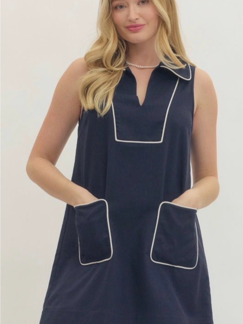ENTRO Navy Blue Dress with Cream Piping and Patch Pockets